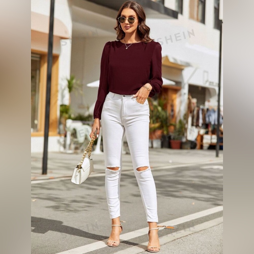 SHEIN Clasi Lantern Sleeve Keyhole Back Blouse - Maroon